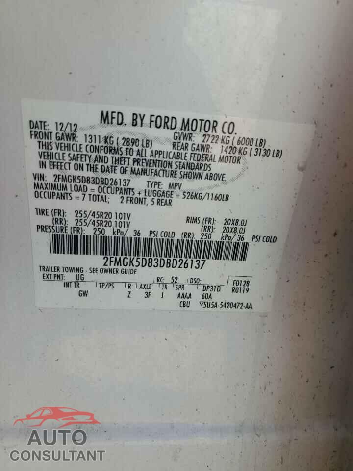 FORD FLEX 2013 - 2FMGK5D83DBD26137