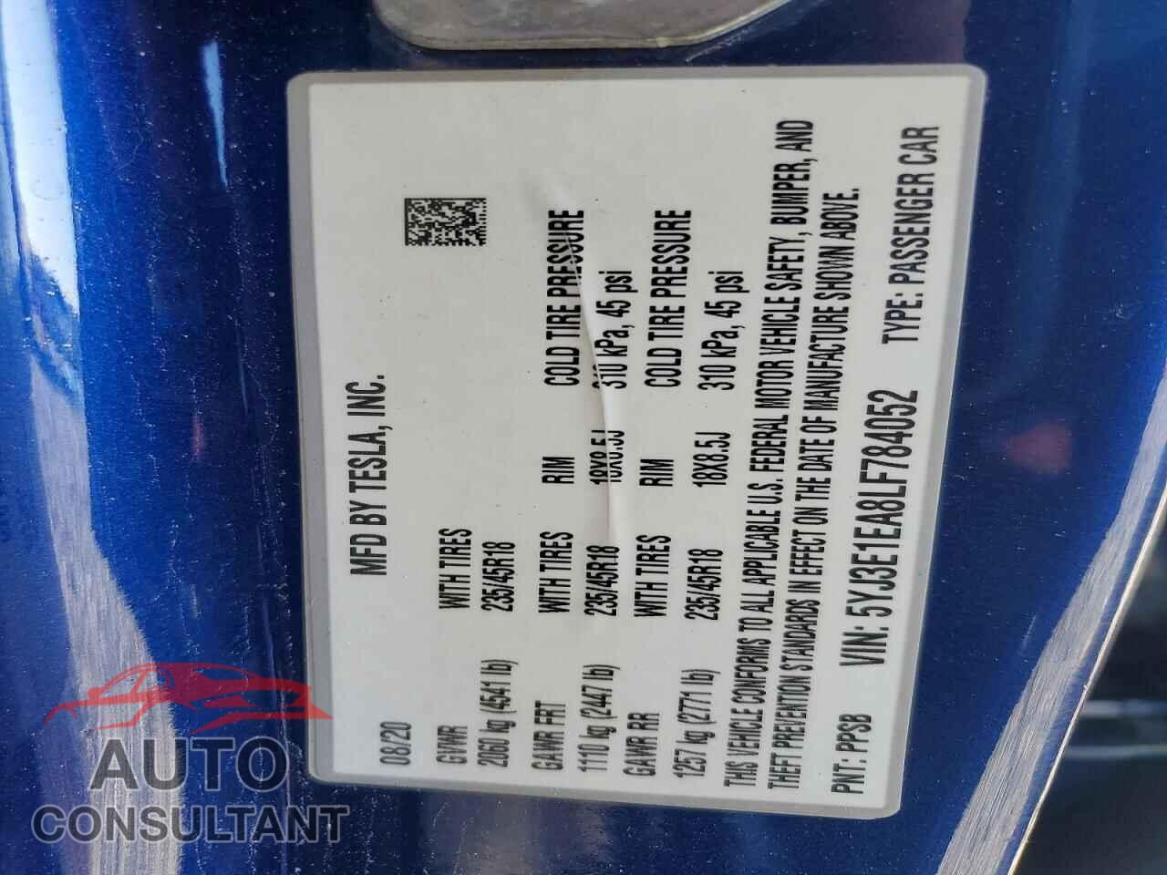 TESLA MODEL 3 2020 - 5YJ3E1EA8LF784052
