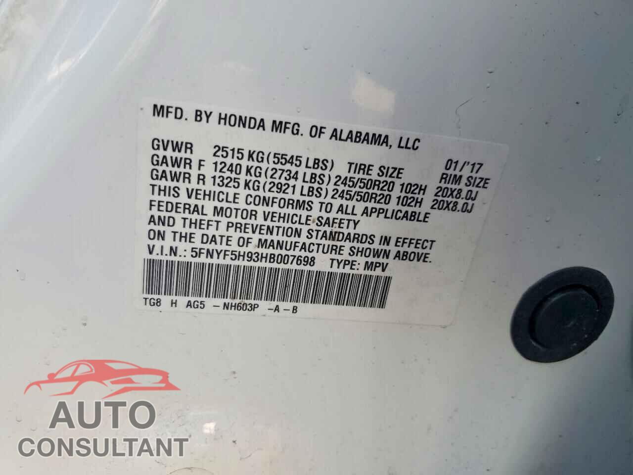 HONDA PILOT 2017 - 5FNYF5H93HB007698
