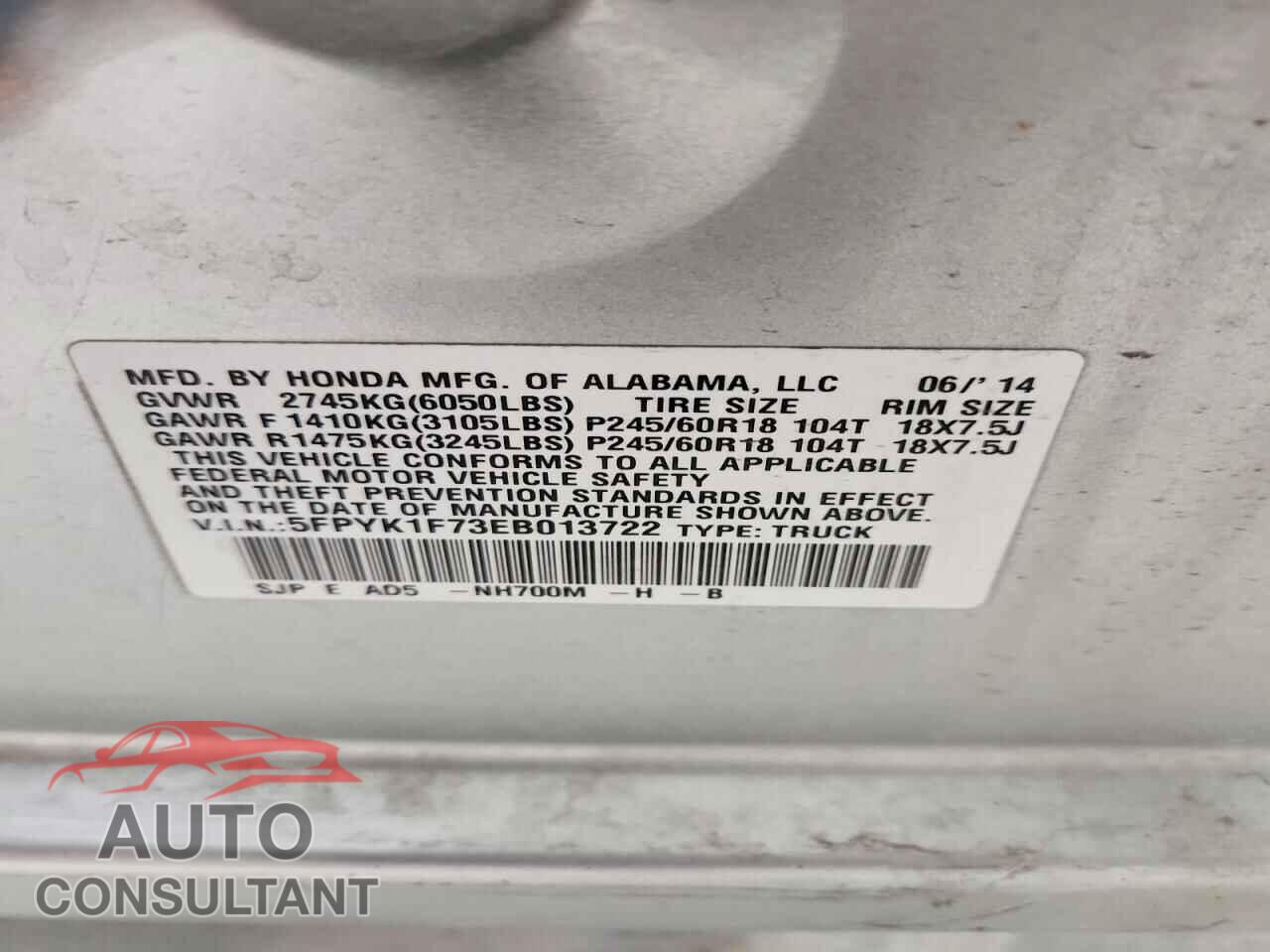 HONDA RIDGELINE 2014 - 5FPYK1F73EB013722