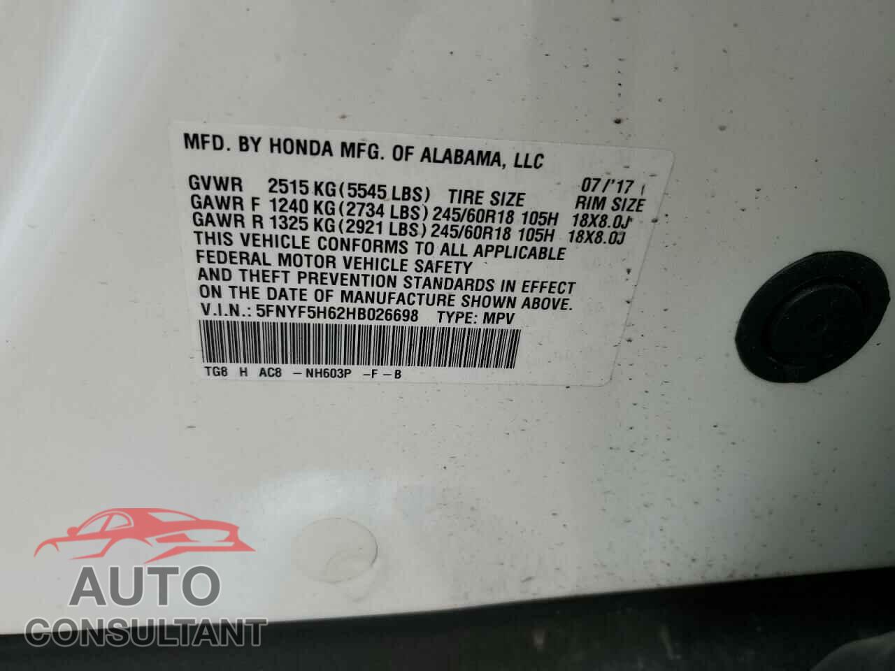 HONDA PILOT 2017 - 5FNYF5H62HB026698