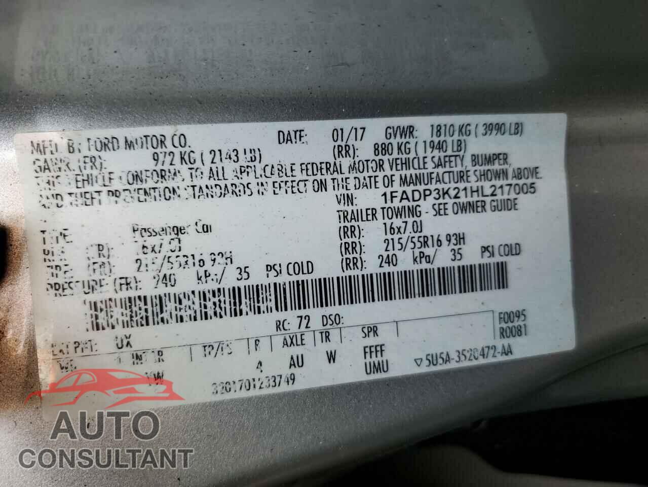 FORD FOCUS 2017 - 1FADP3K21HL217005