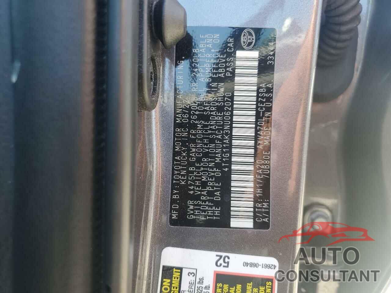 TOYOTA CAMRY 2022 - 4T1G11AK3NU062070