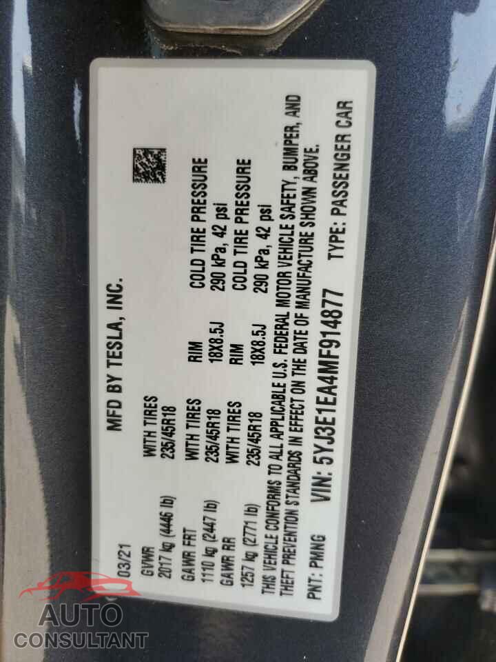 TESLA MODEL 3 2021 - 5YJ3E1EA4MF914877