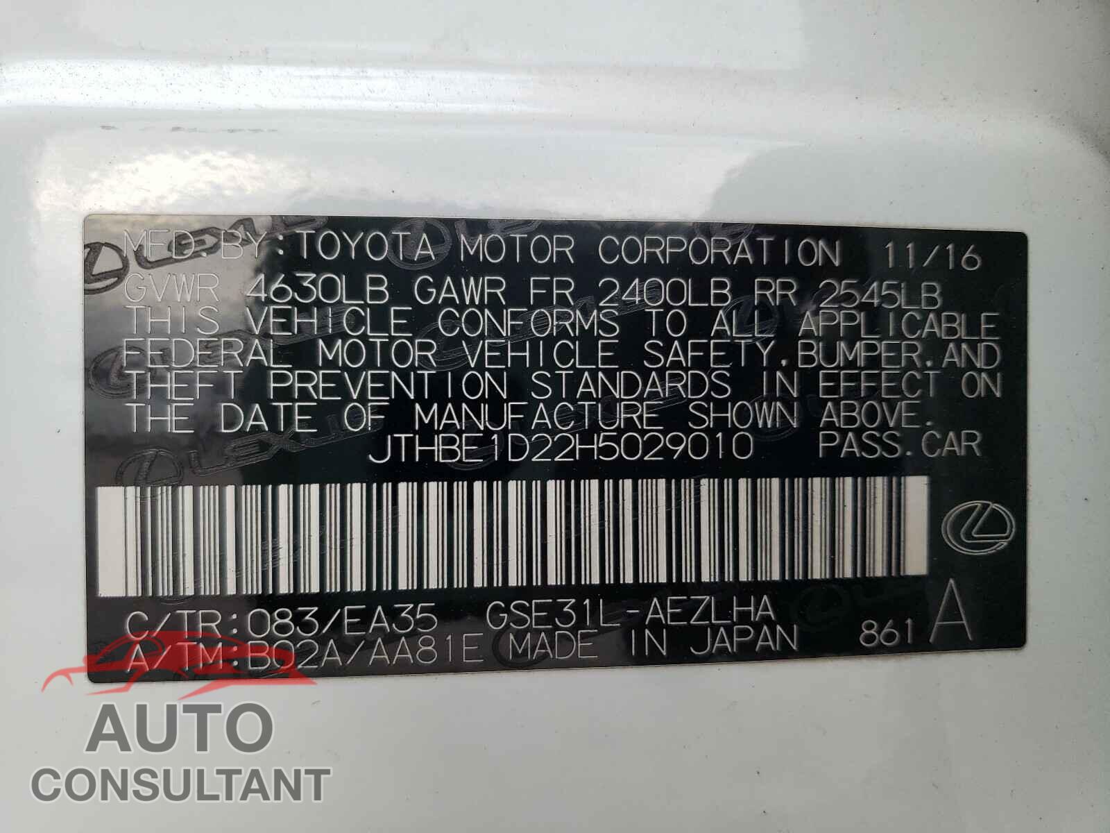 LEXUS IS 2017 - JTHBE1D22H5029010