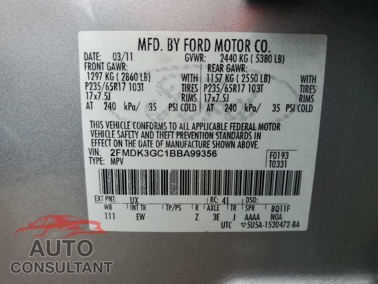 FORD EDGE 2011 - 2FMDK3GC1BBA99356