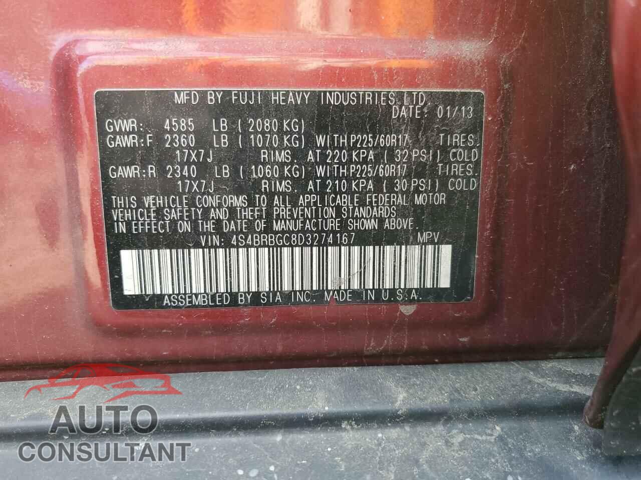 SUBARU OUTBACK 2013 - 4S4BRBGC8D3274167