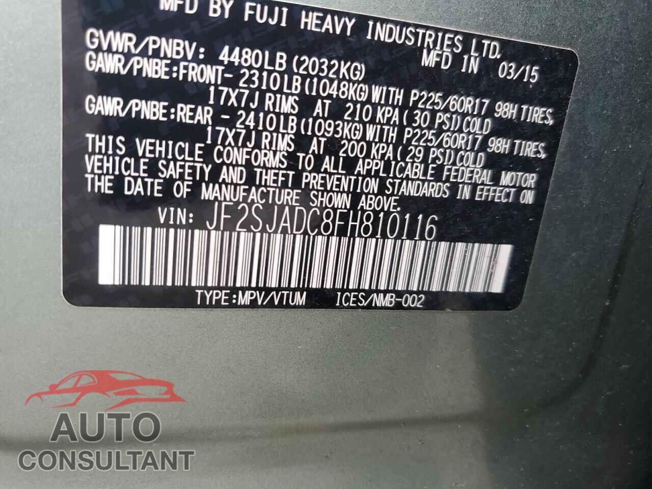 SUBARU FORESTER 2015 - JF2SJADC8FH810116