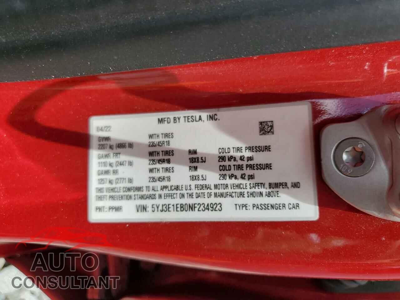 TESLA MODEL 3 2022 - 5YJ3E1EB0NF234923