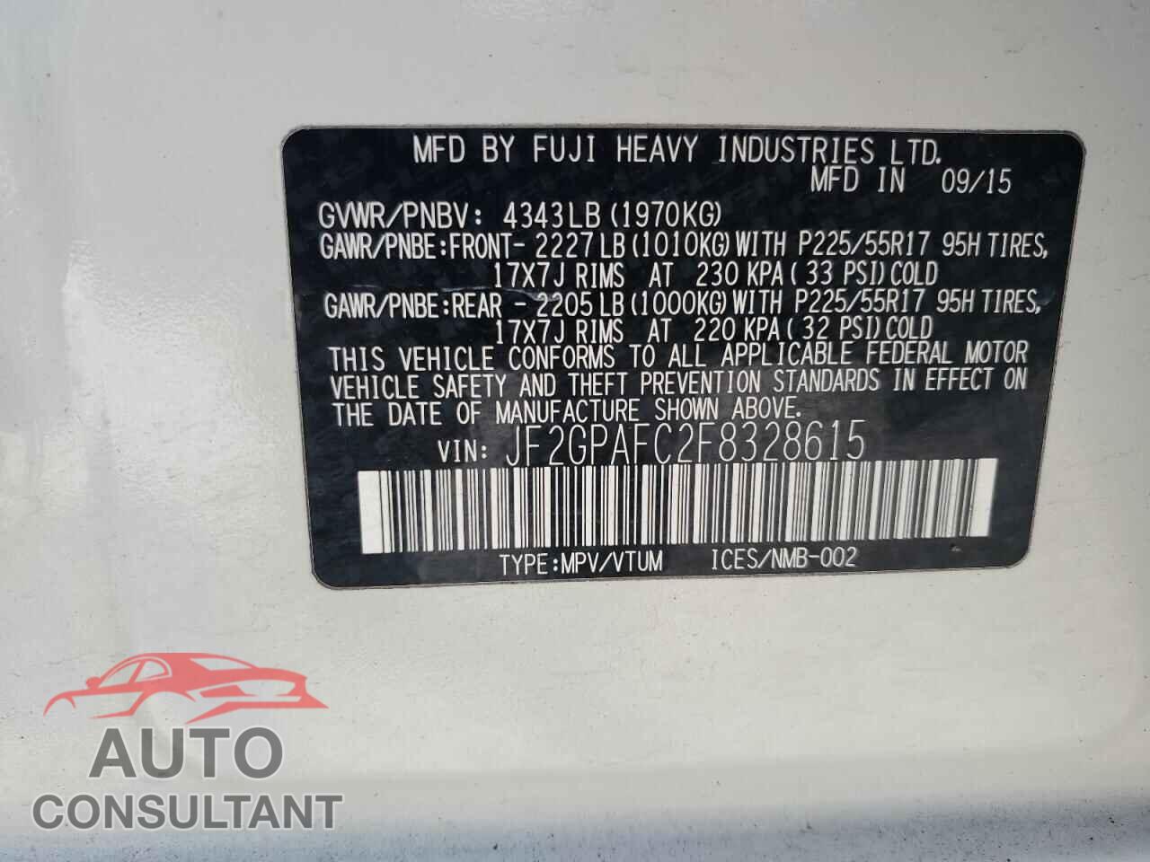 SUBARU XV 2015 - JF2GPAFC2F8328615