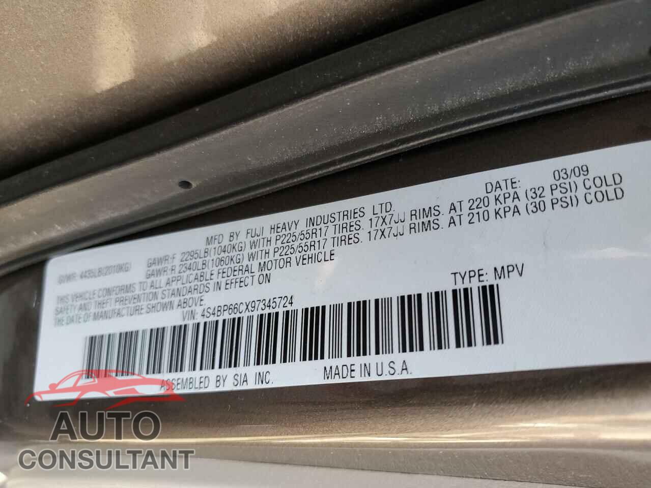 SUBARU OUTBACK 2009 - 4S4BP66CX97345724