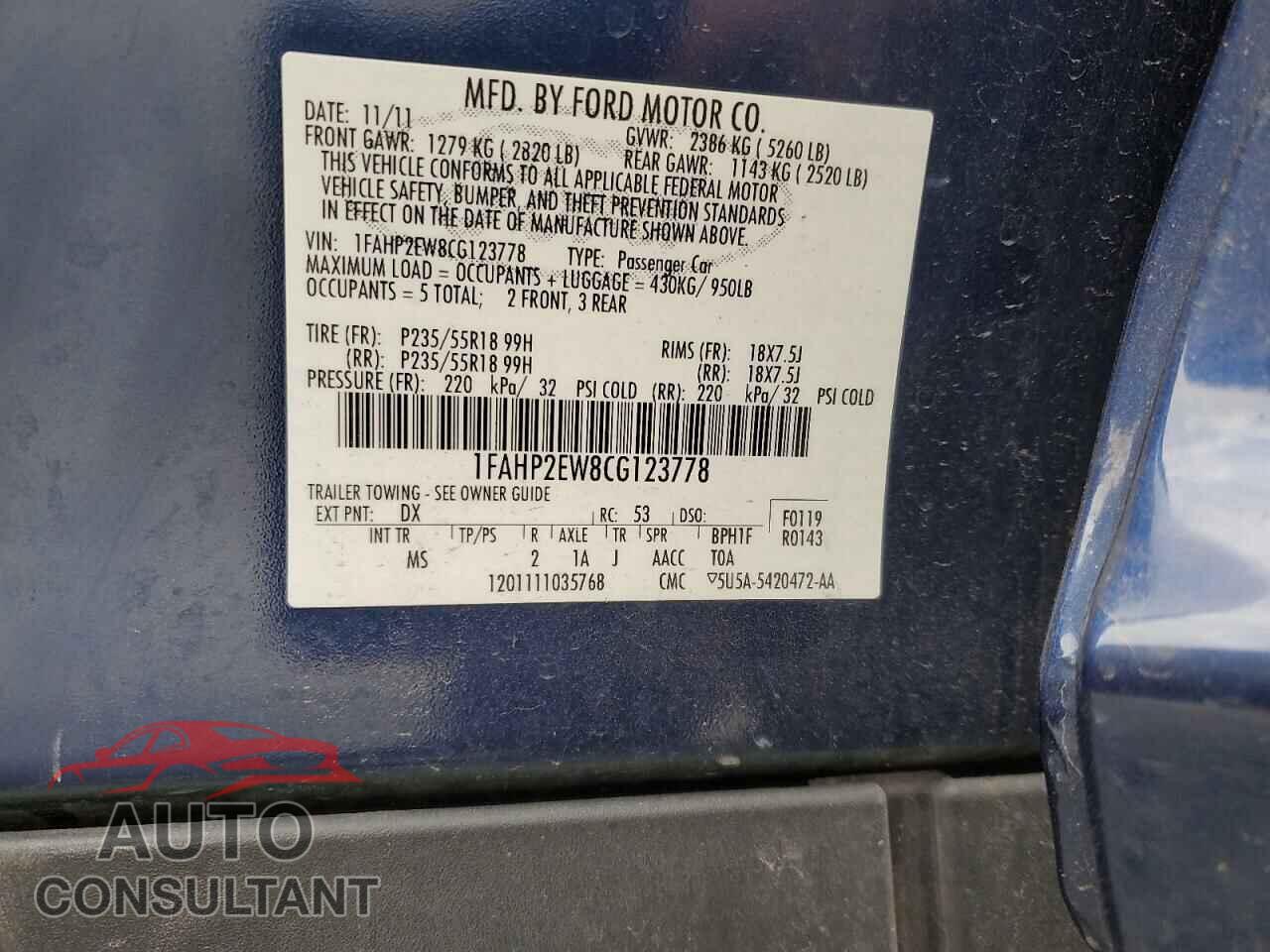 FORD TAURUS 2012 - 1FAHP2EW8CG123778