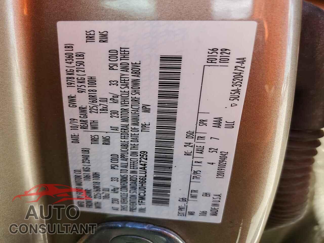FORD ESCAPE 2020 - 1FMCU0H66LUA47259