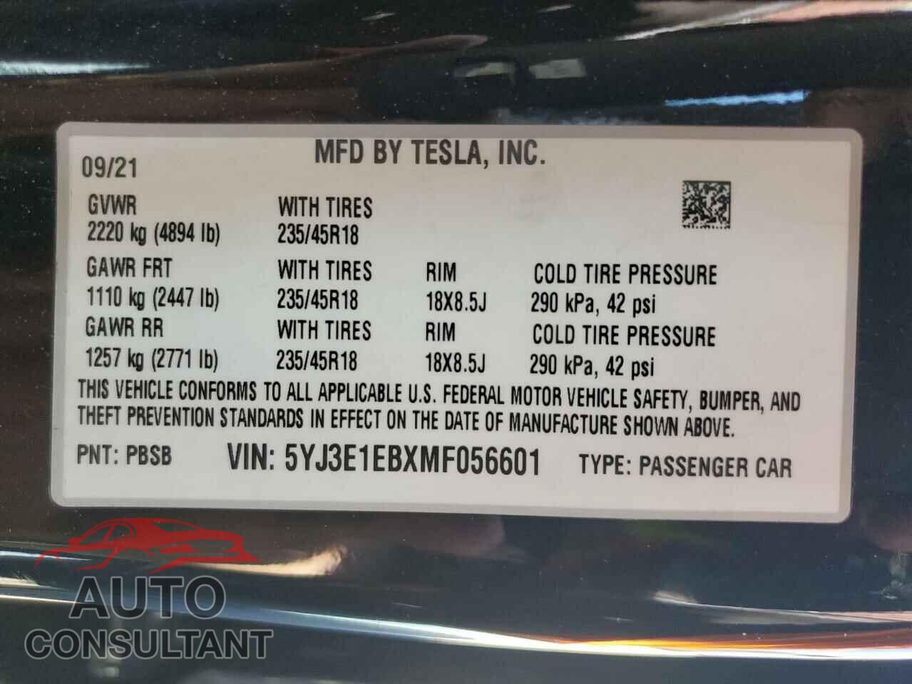 TESLA MODEL 3 2021 - 5YJ3E1EBXMF056601