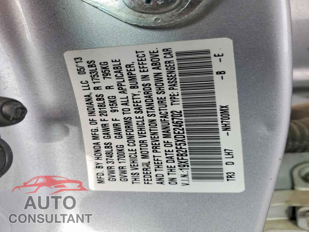 HONDA CIVIC 2013 - 19XFB2F5XDE246702