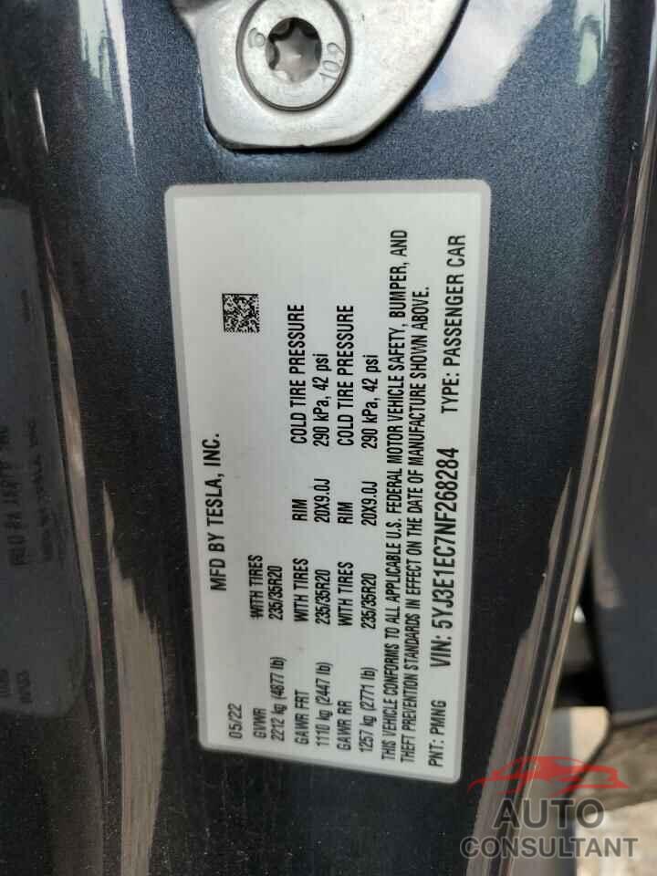 TESLA MODEL 3 2022 - 5YJ3E1EC7NF268284