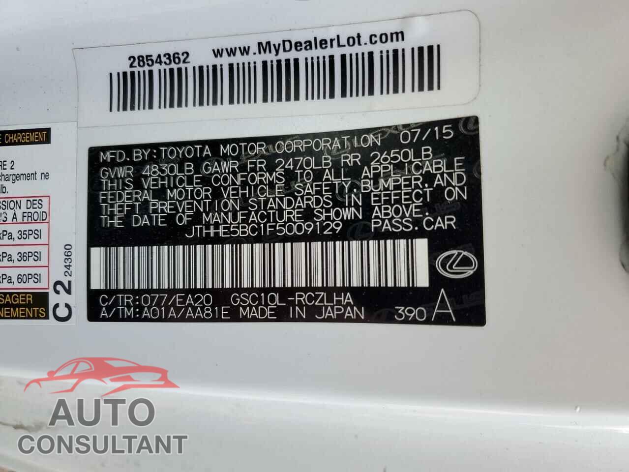 LEXUS RX350 2015 - JTHHE5BC1F5009129