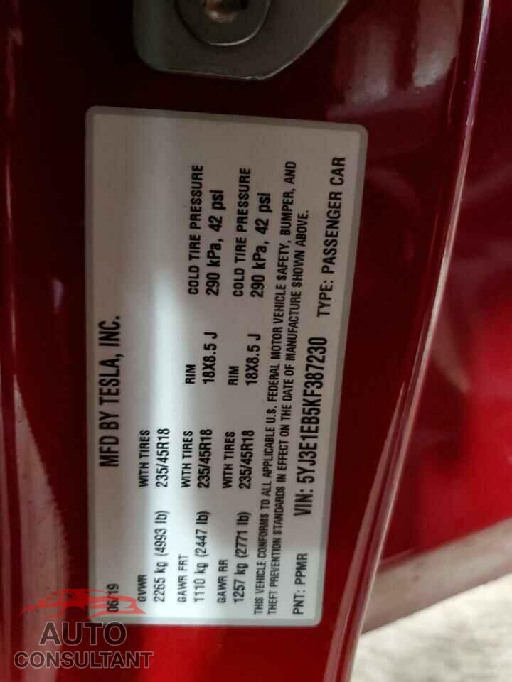 TESLA MODEL 3 2019 - 5YJ3E1EB5KF387230