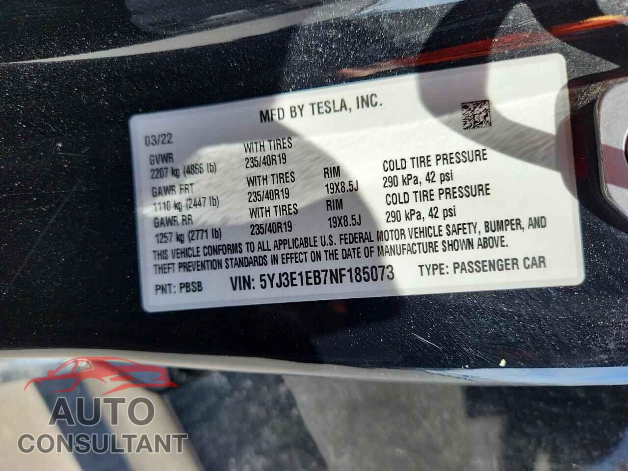 TESLA MODEL 3 2022 - 5YJ3E1EB7NF185073
