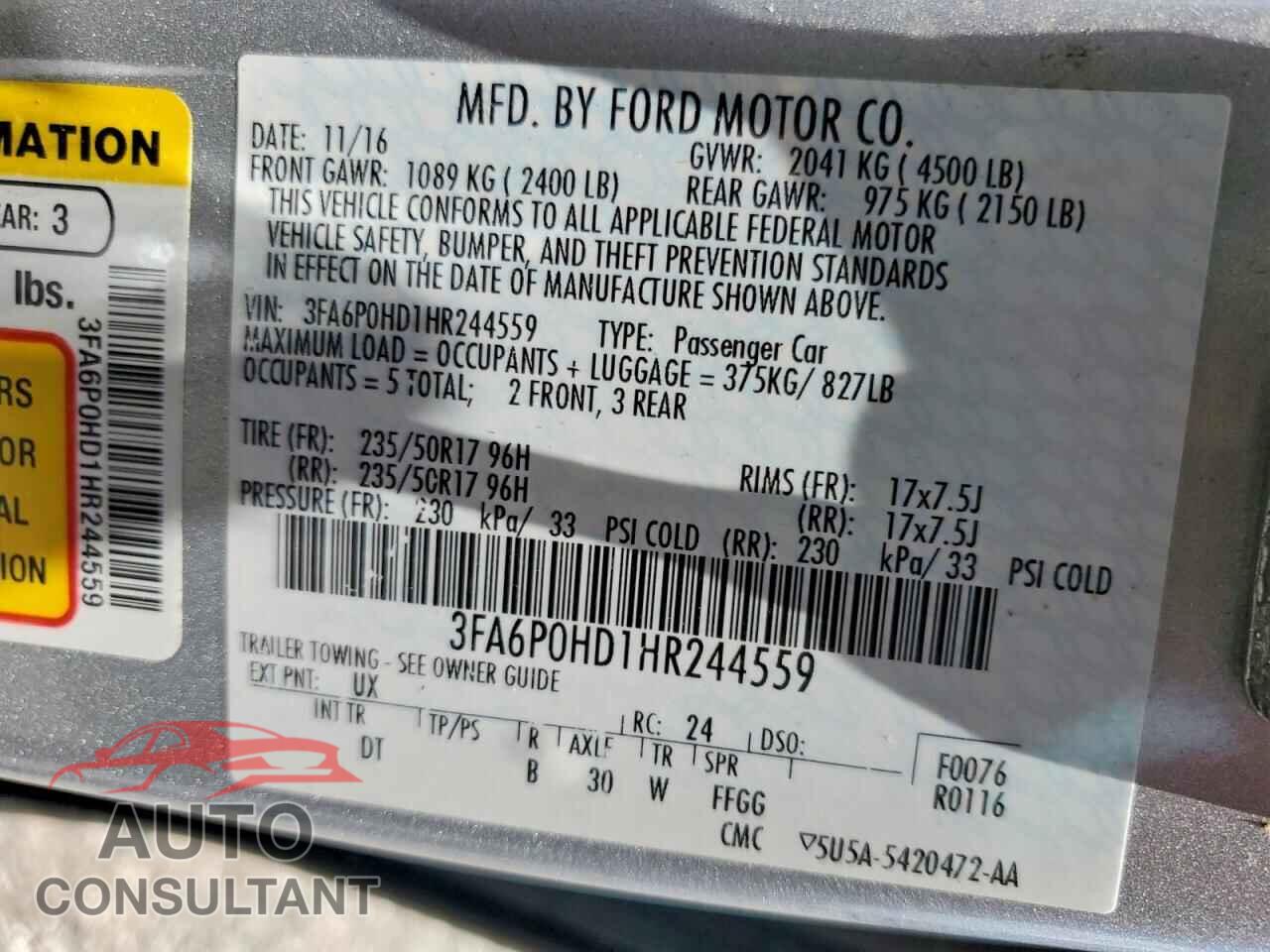 FORD FUSION 2017 - 3FA6P0HD1HR244559