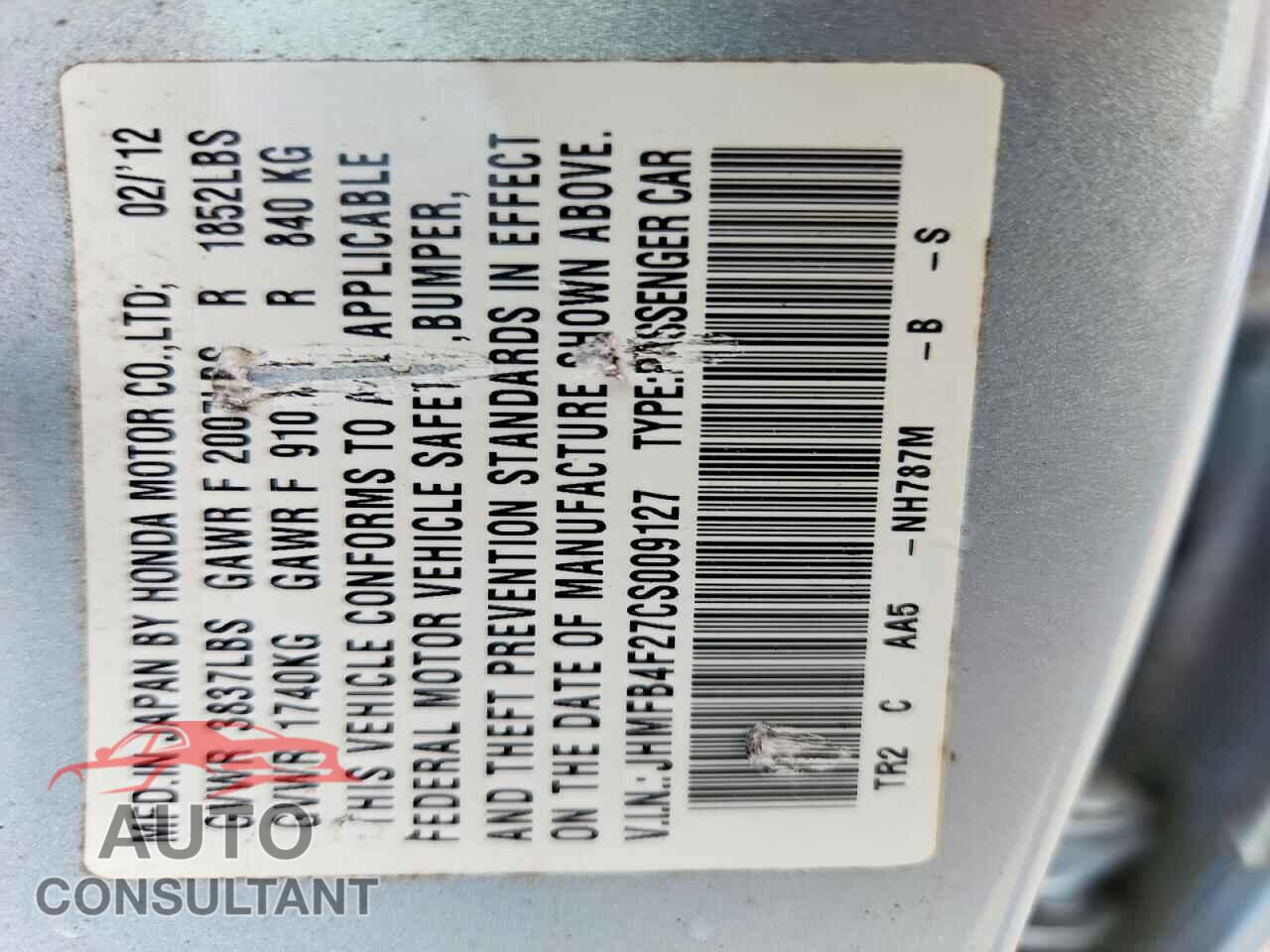 HONDA CIVIC 2012 - JHMFB4F27CS009127