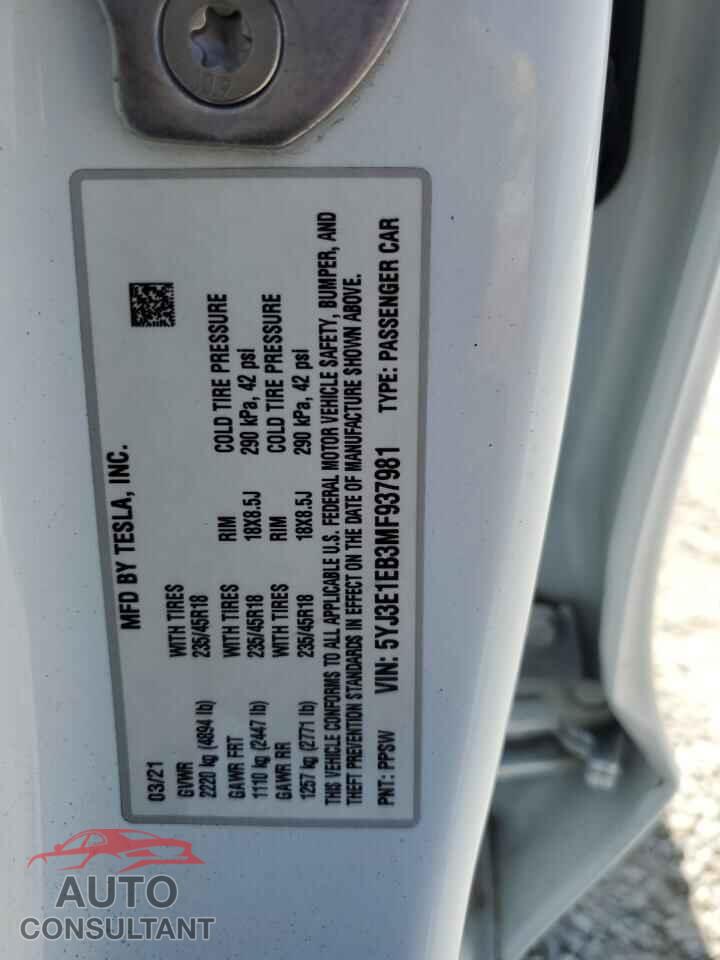 TESLA MODEL 3 2021 - 5YJ3E1EB3MF937981