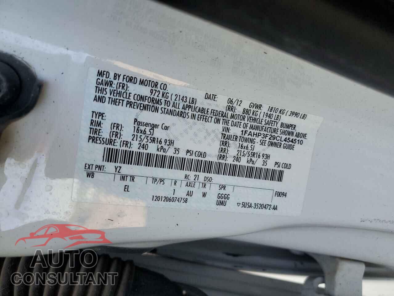 FORD FOCUS 2012 - 1FAHP3F29CL454510