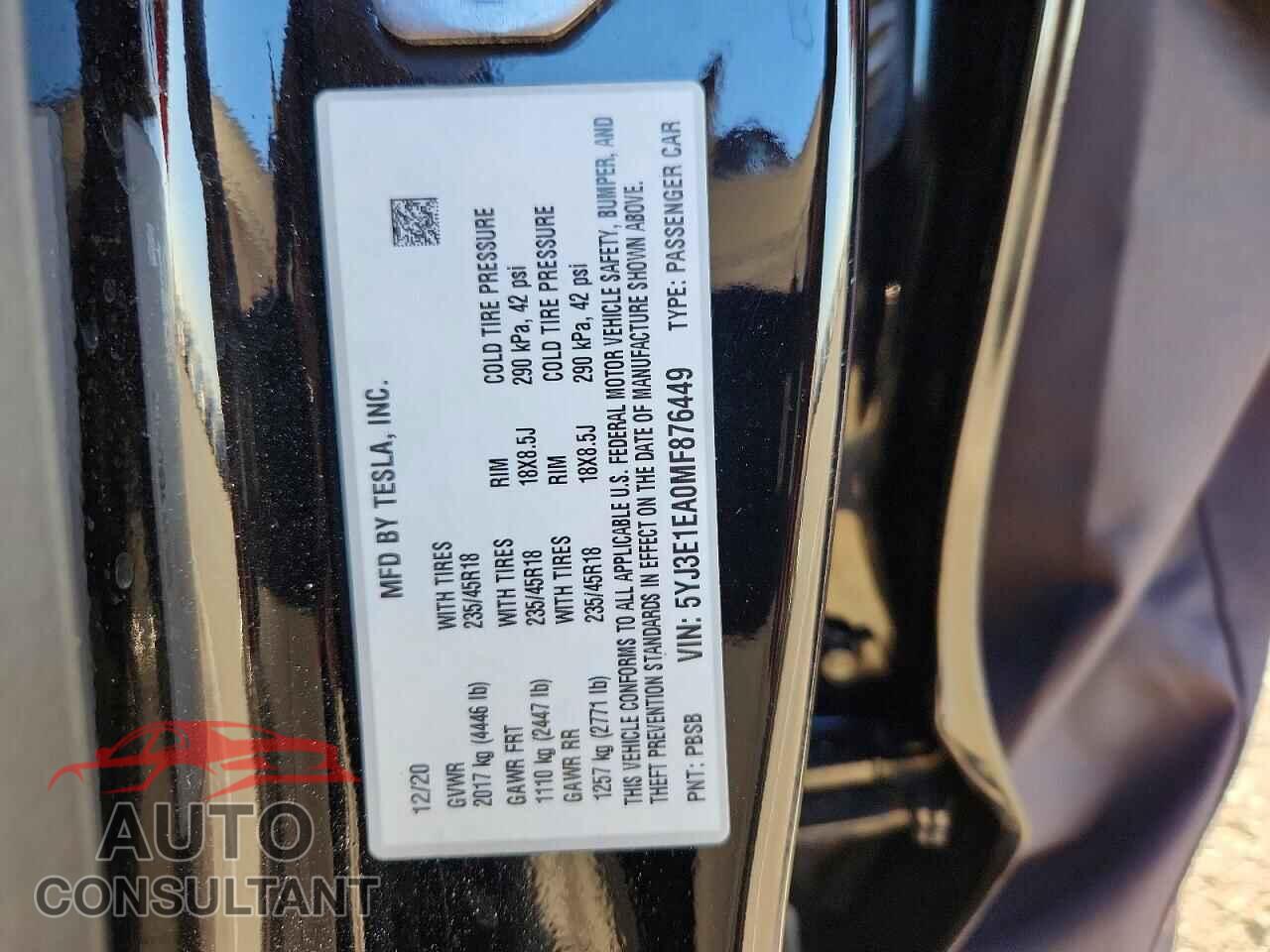 TESLA MODEL 3 2021 - 5YJ3E1EA0MF876449