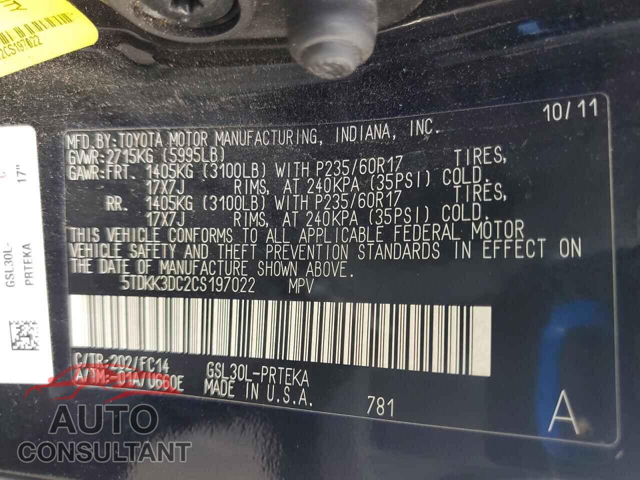 TOYOTA SIENNA 2012 - 5TDKK3DC2CS197022