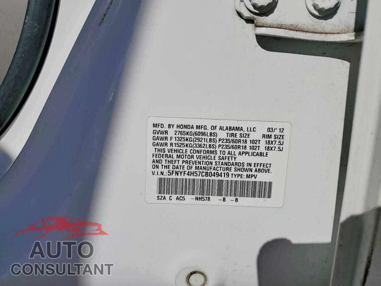 HONDA PILOT 2012 - 5FNYF4H57CB049419