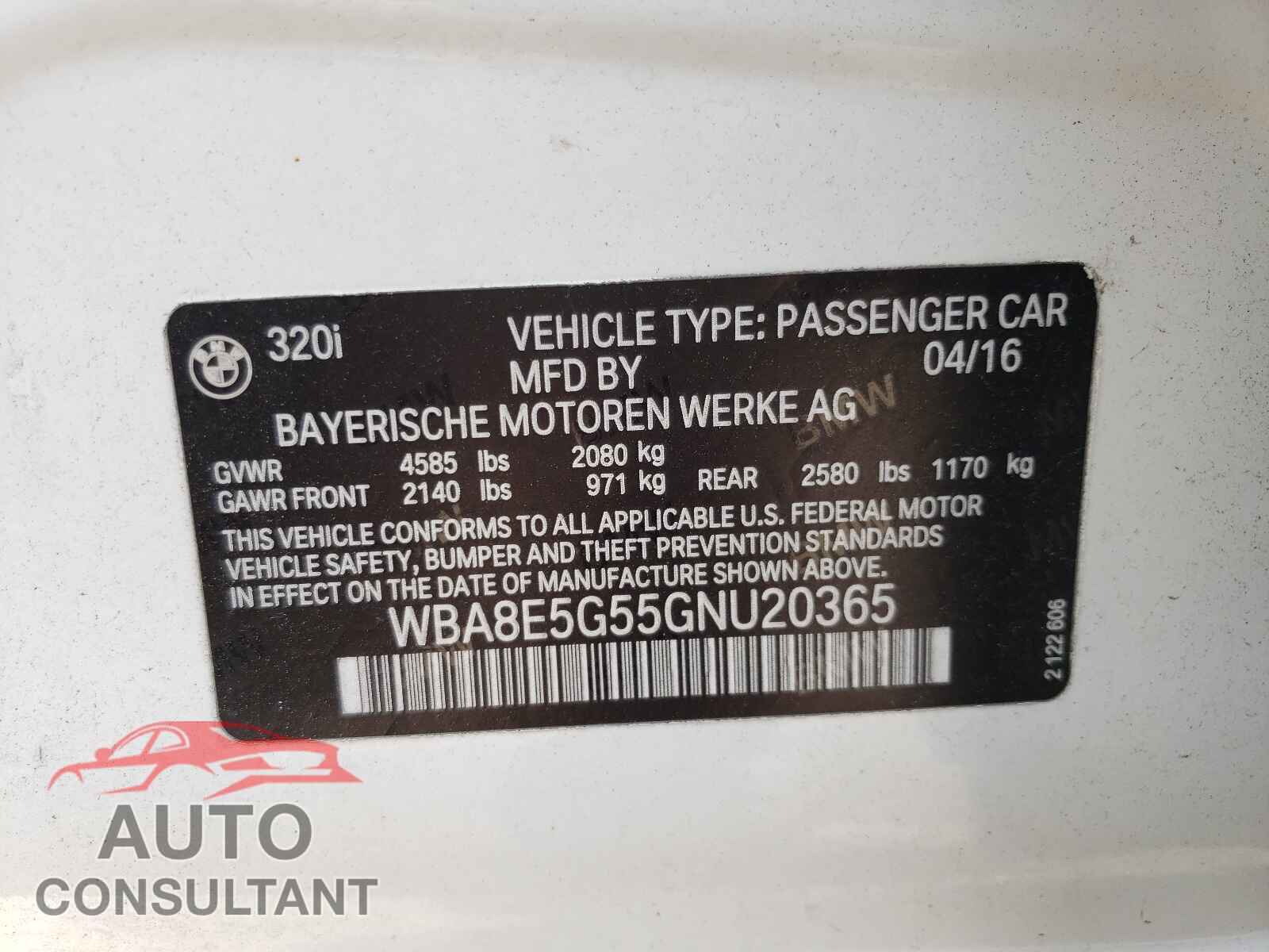 BMW 3 SERIES 2016 - WBA8E5G55GNU20365