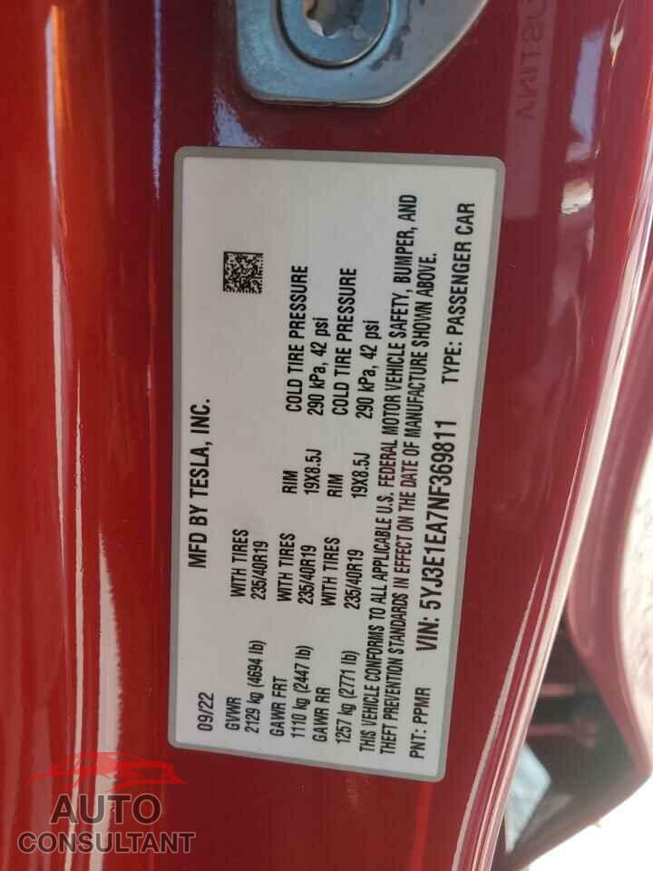 TESLA MODEL 3 2022 - 5YJ3E1EA7NF369811