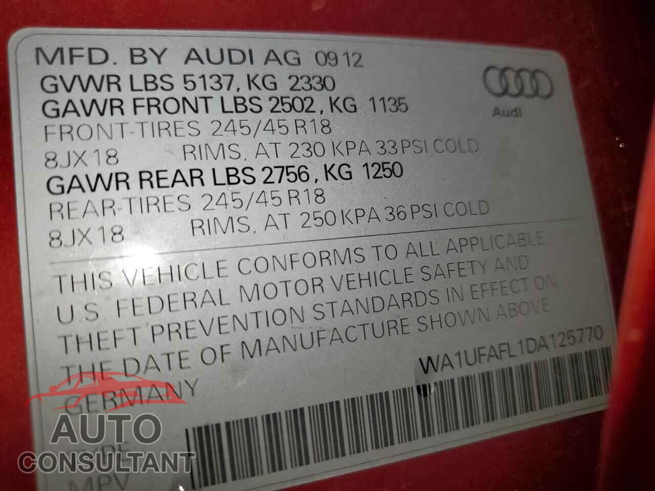 AUDI A4 2013 - WA1UFAFL1DA125770