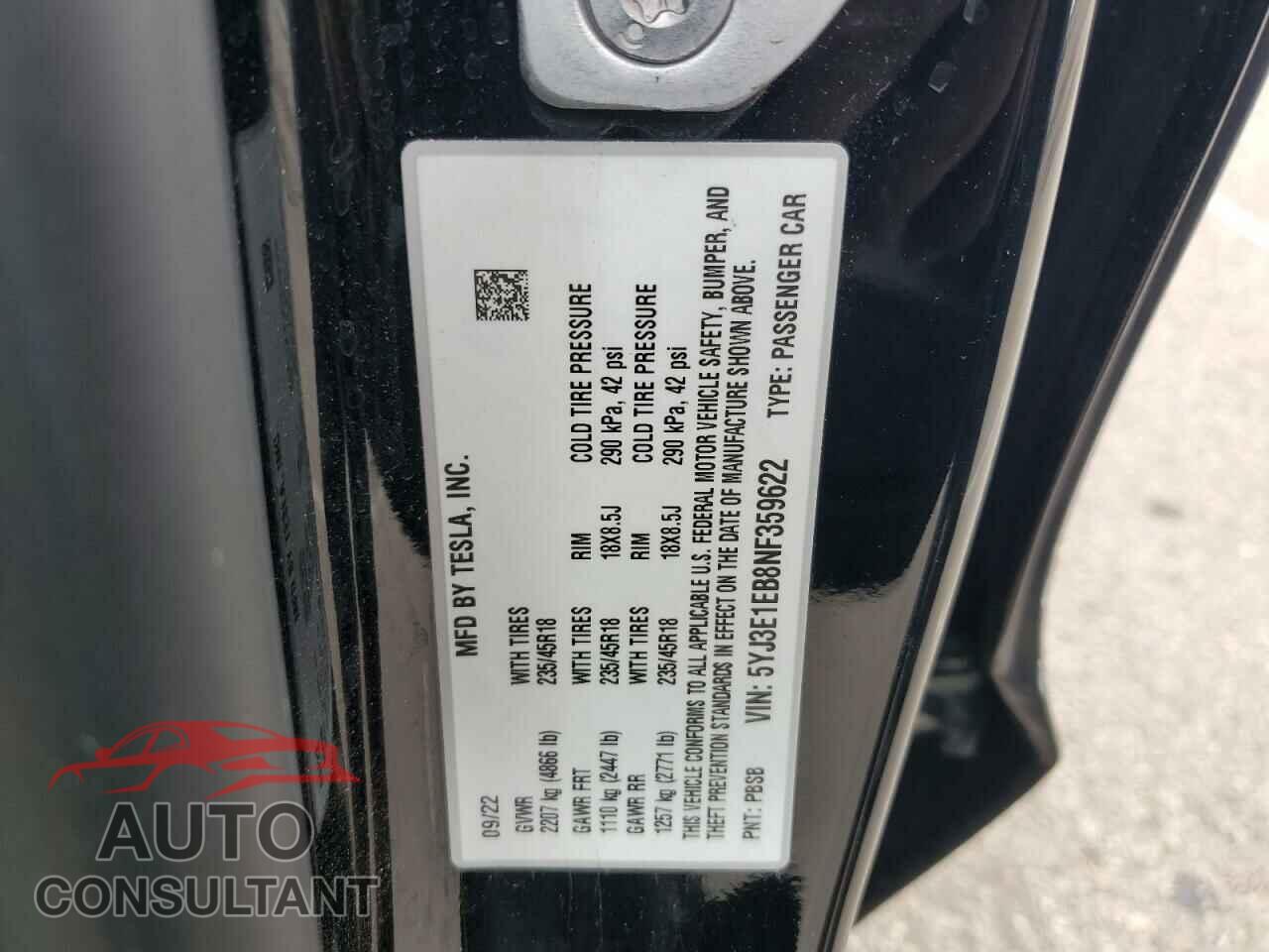TESLA MODEL 3 2022 - 5YJ3E1EB8NF359622