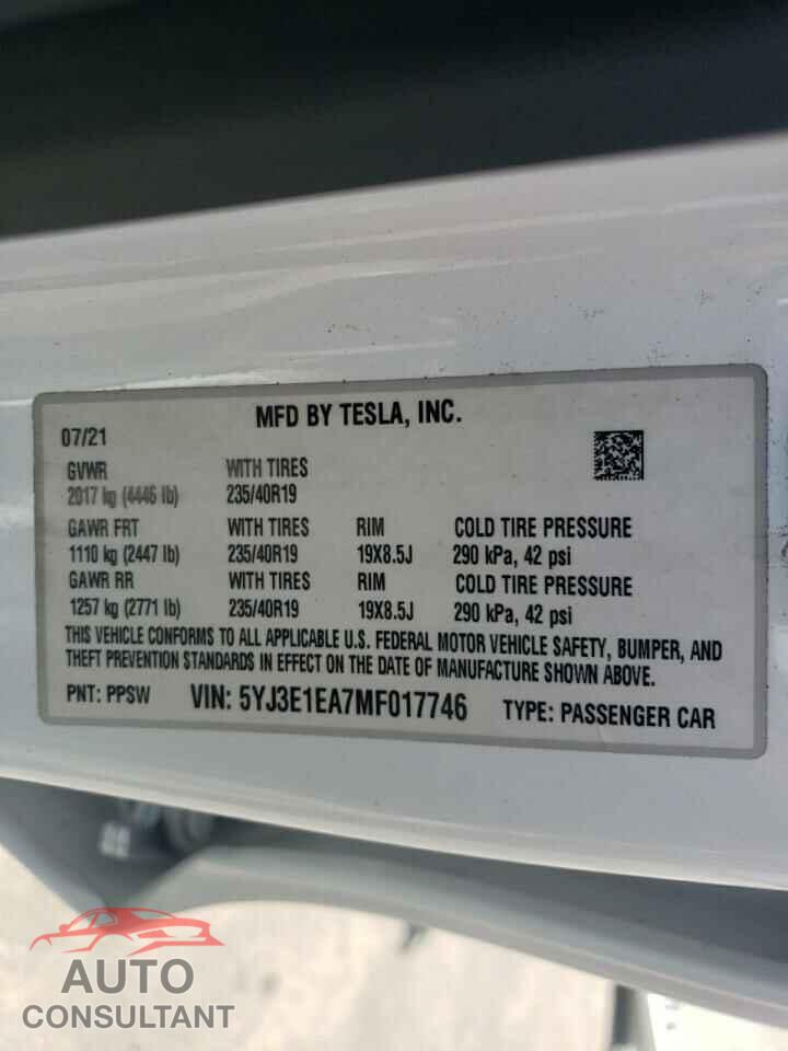 TESLA MODEL 3 2021 - 5YJ3E1EA7MF017746