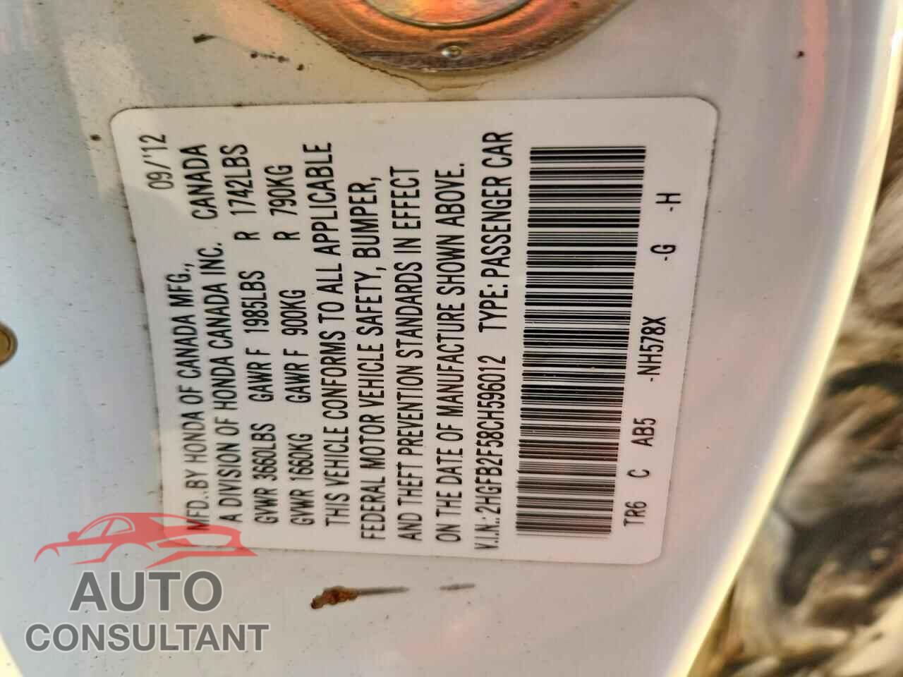 HONDA CIVIC 2012 - 2HGFB2F58CH596012