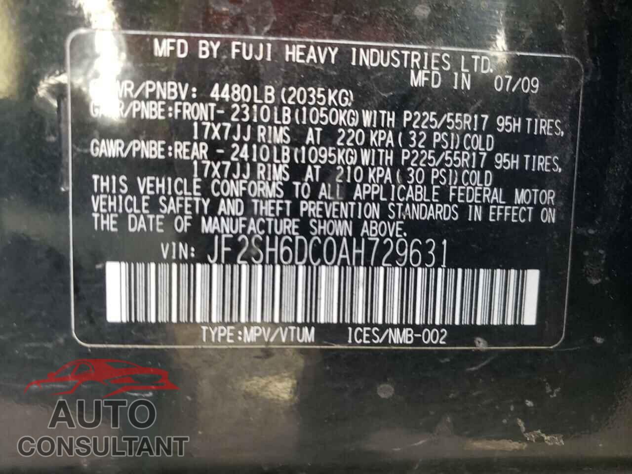 SUBARU FORESTER 2010 - JF2SH6DC0AH729631