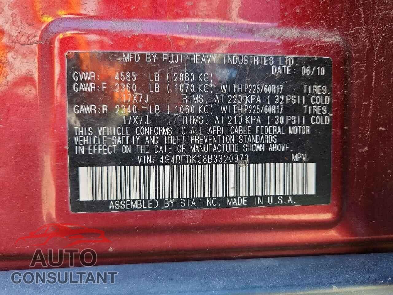 SUBARU OUTBACK 2011 - 4S4BRBKC8B3320973