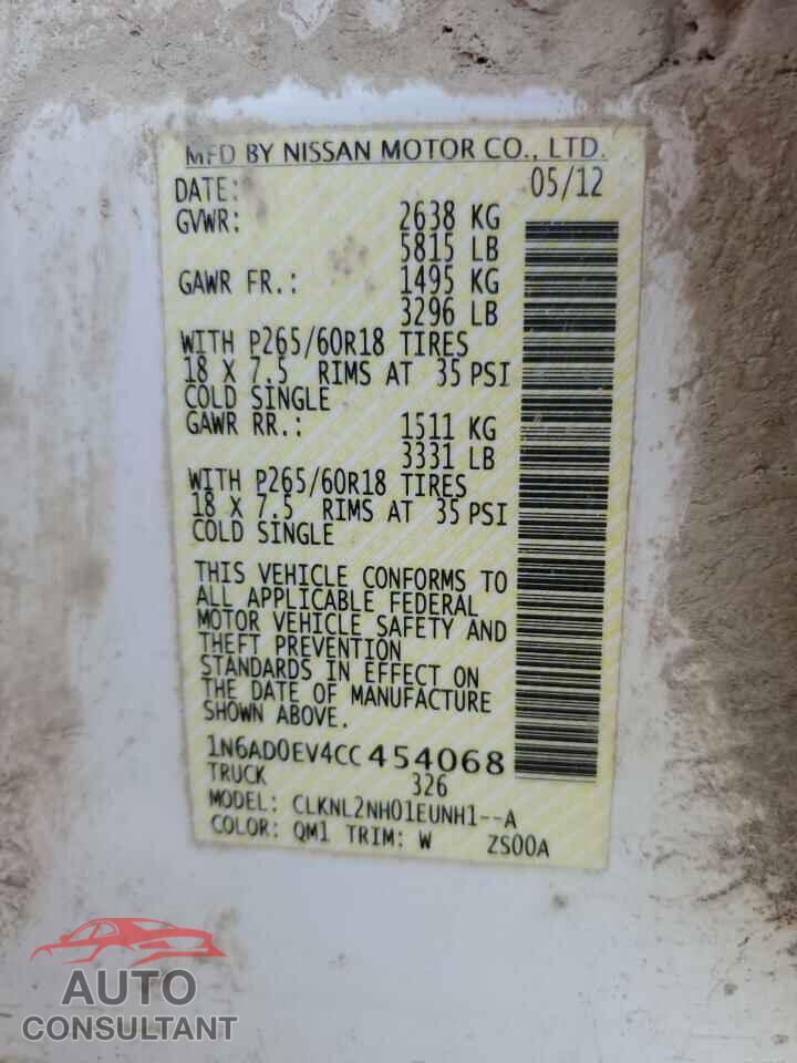 NISSAN FRONTIER 2012 - 1N6AD0EV4CC454068