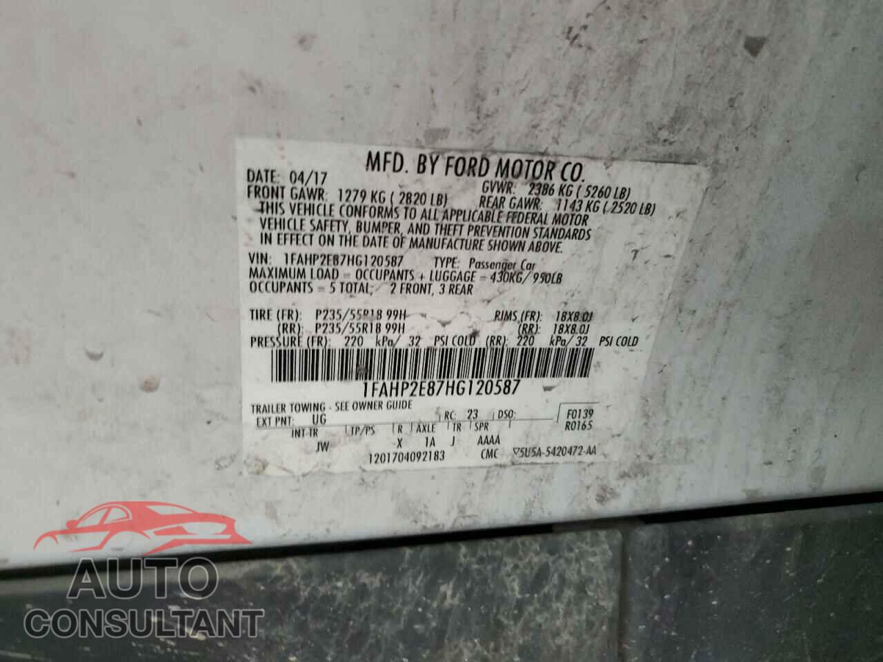 FORD TAURUS 2017 - 1FAHP2E87HG120587