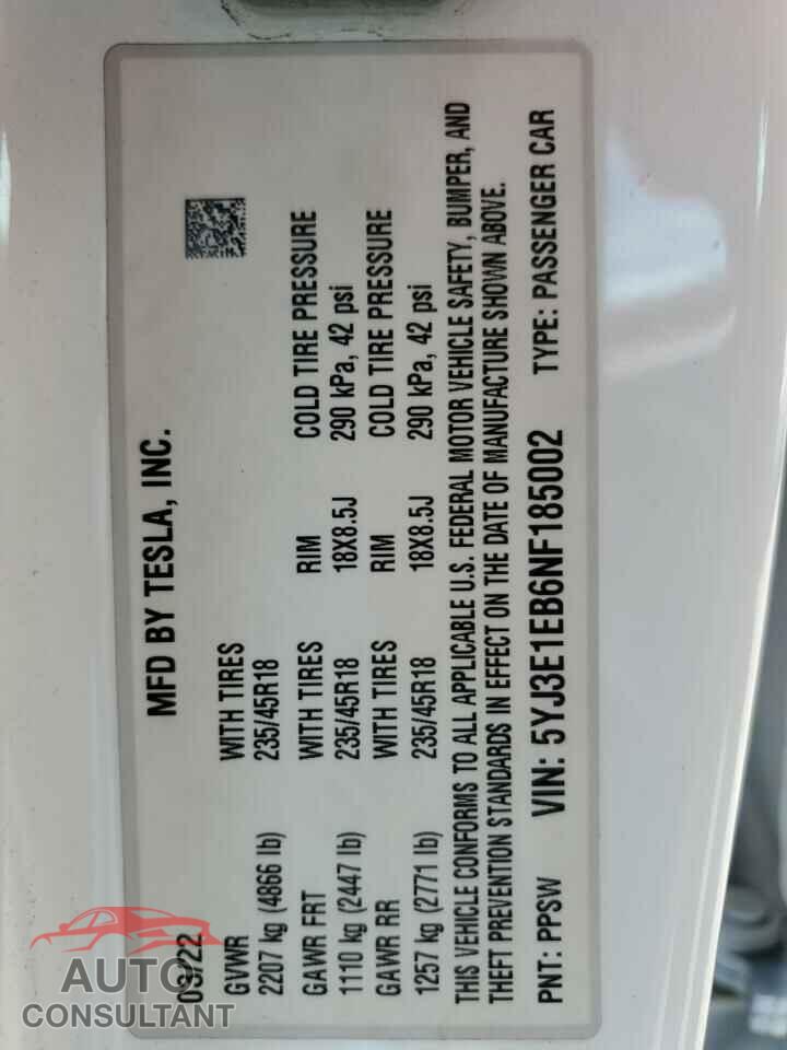 TESLA MODEL 3 2022 - 5YJ3E1EB6NF185002