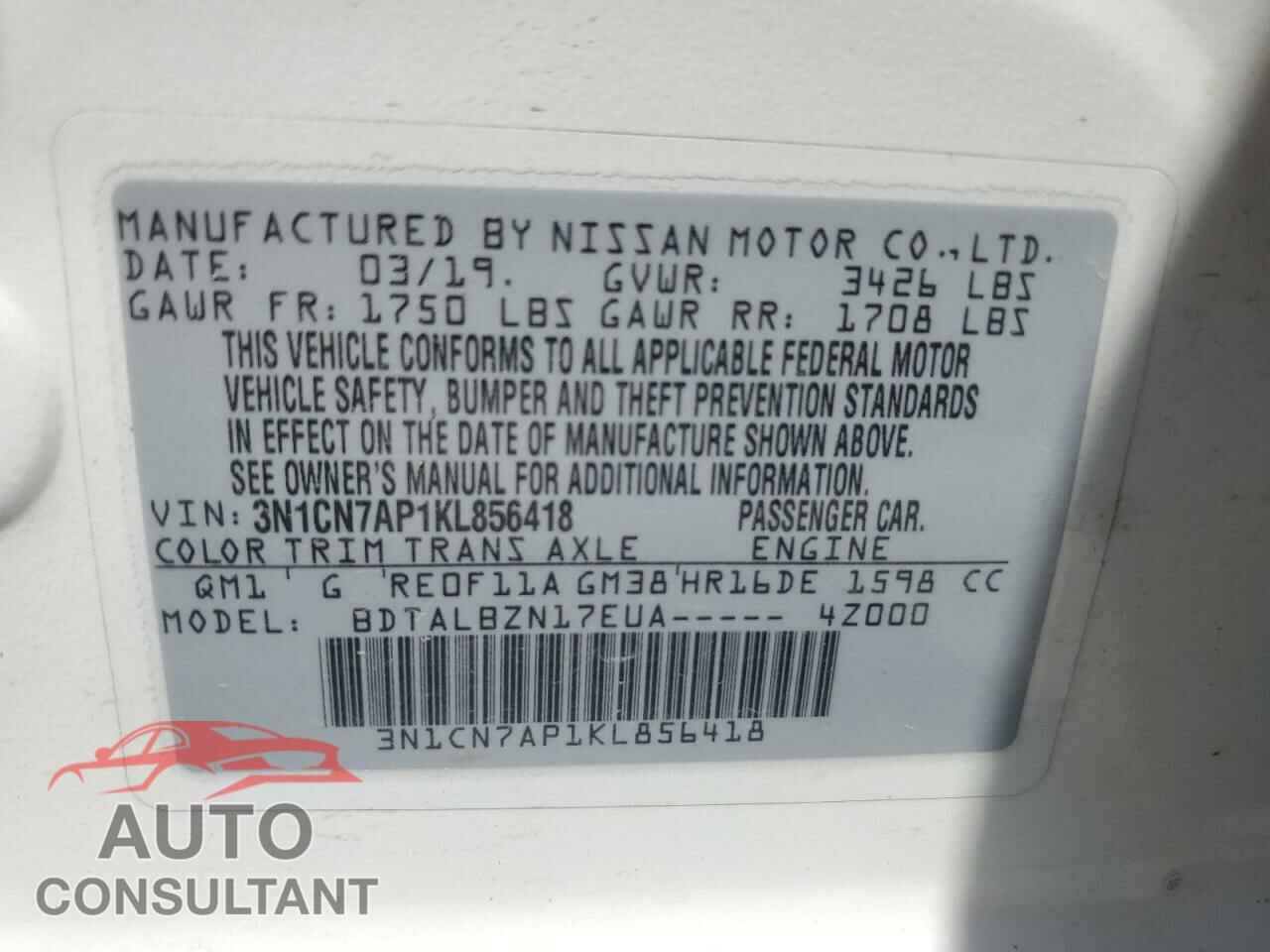 NISSAN VERSA 2019 - 3N1CN7AP1KL856418