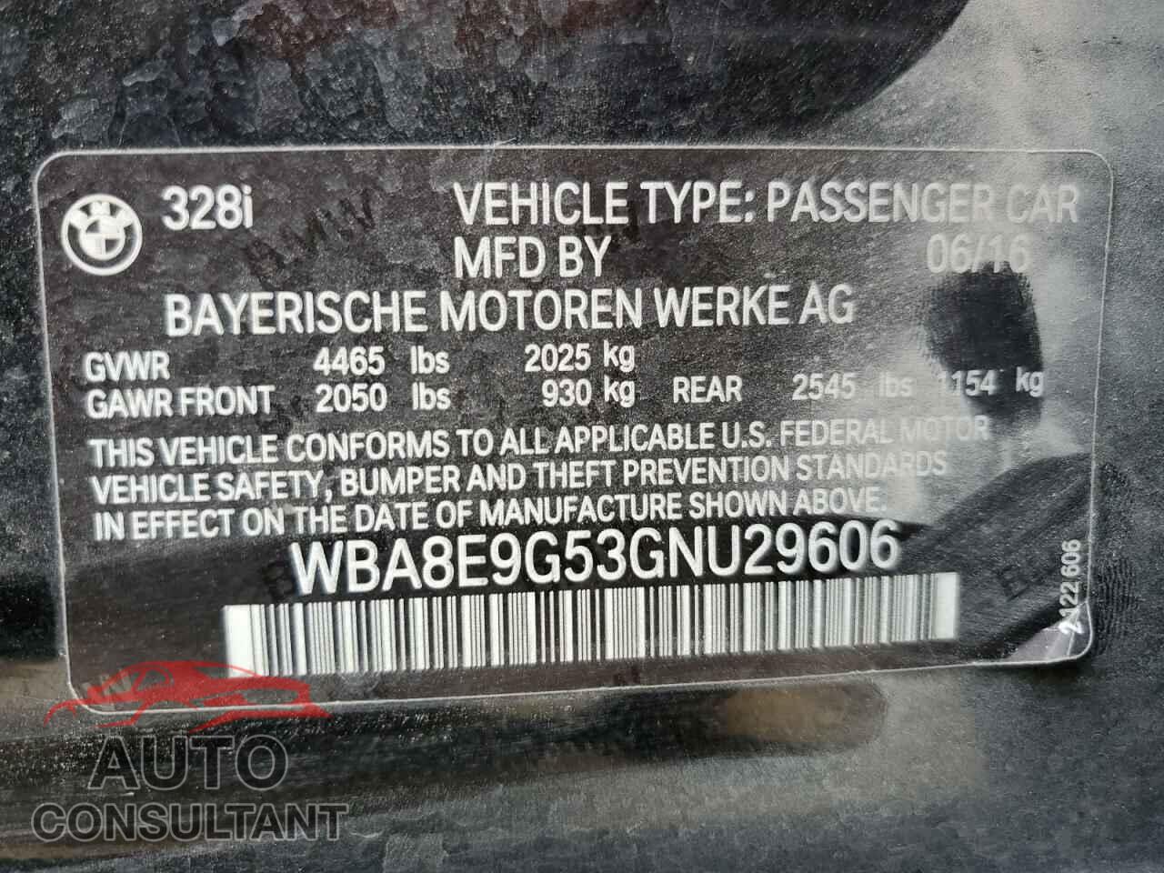 BMW 3 SERIES 2016 - WBA8E9G53GNU29606