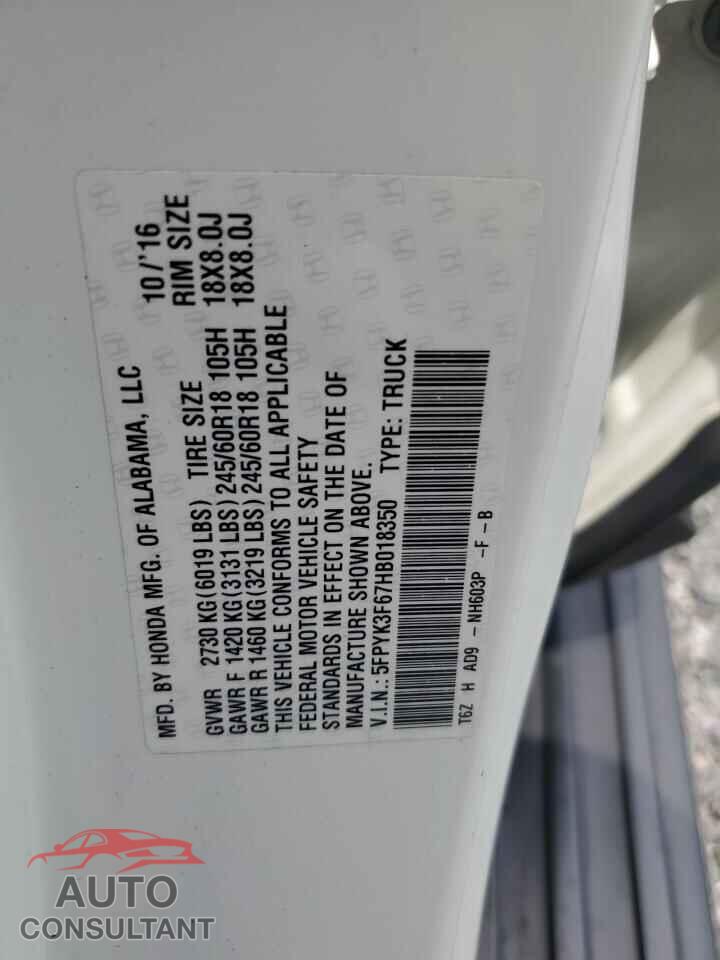 HONDA RIDGELINE 2017 - 5FPYK3F67HB018350