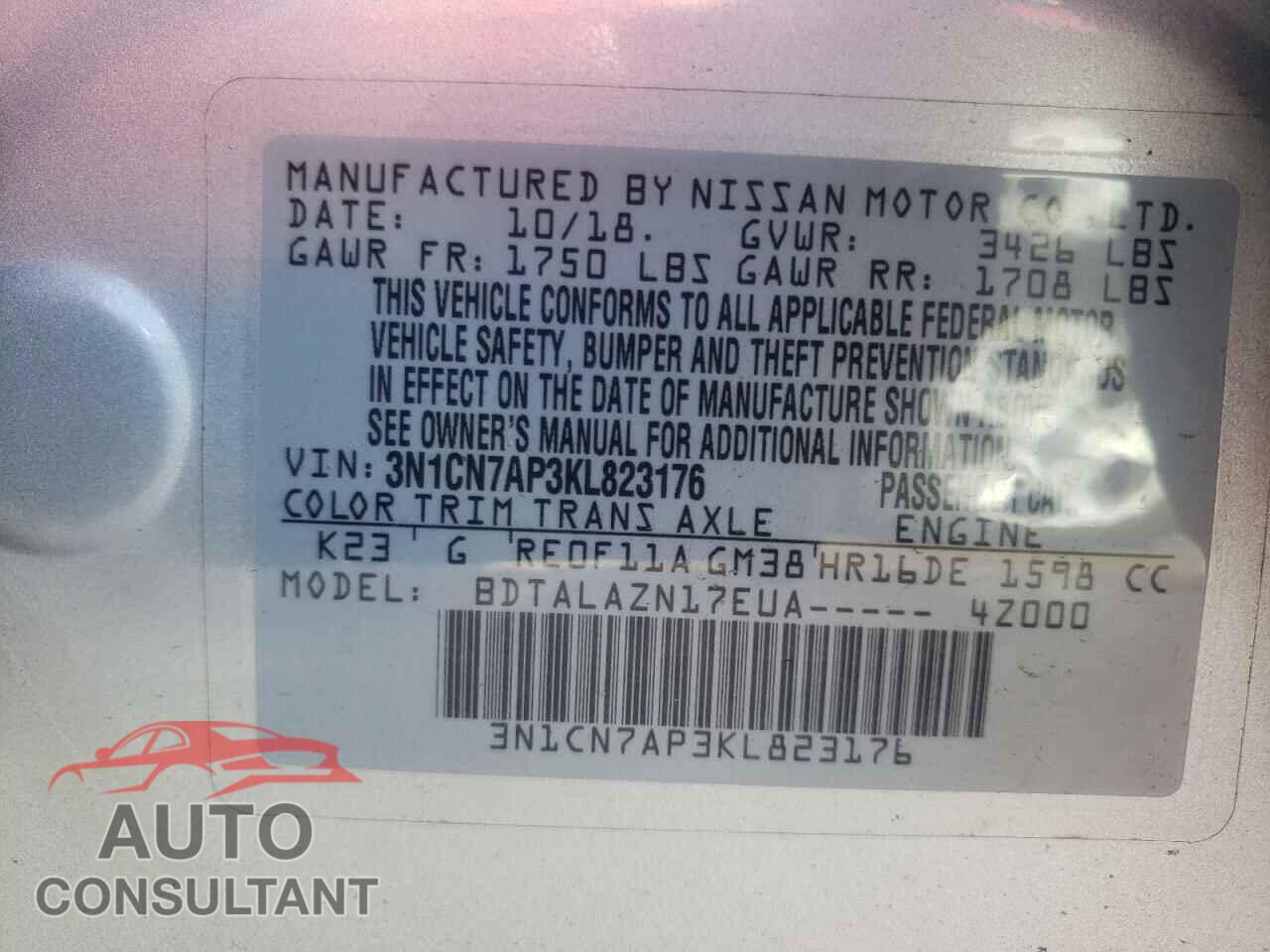 NISSAN VERSA 2019 - 3N1CN7AP3KL823176