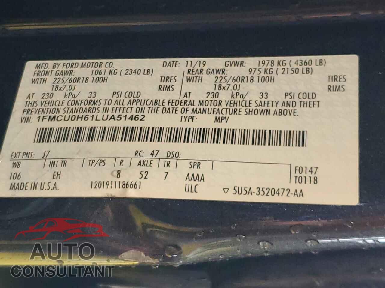 FORD ESCAPE 2020 - 1FMCU0H61LUA51462