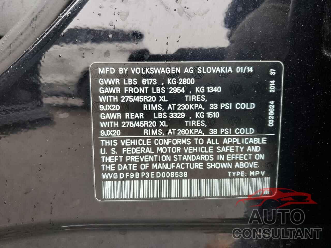 VOLKSWAGEN TOUAREG 2014 - WVGDF9BP3ED008538