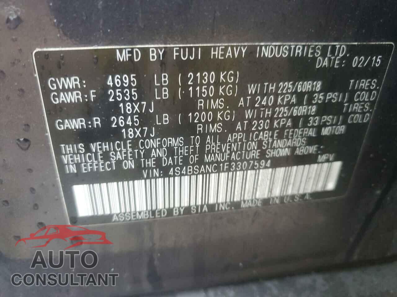 SUBARU OUTBACK 2015 - 4S4BSANC1F3307594
