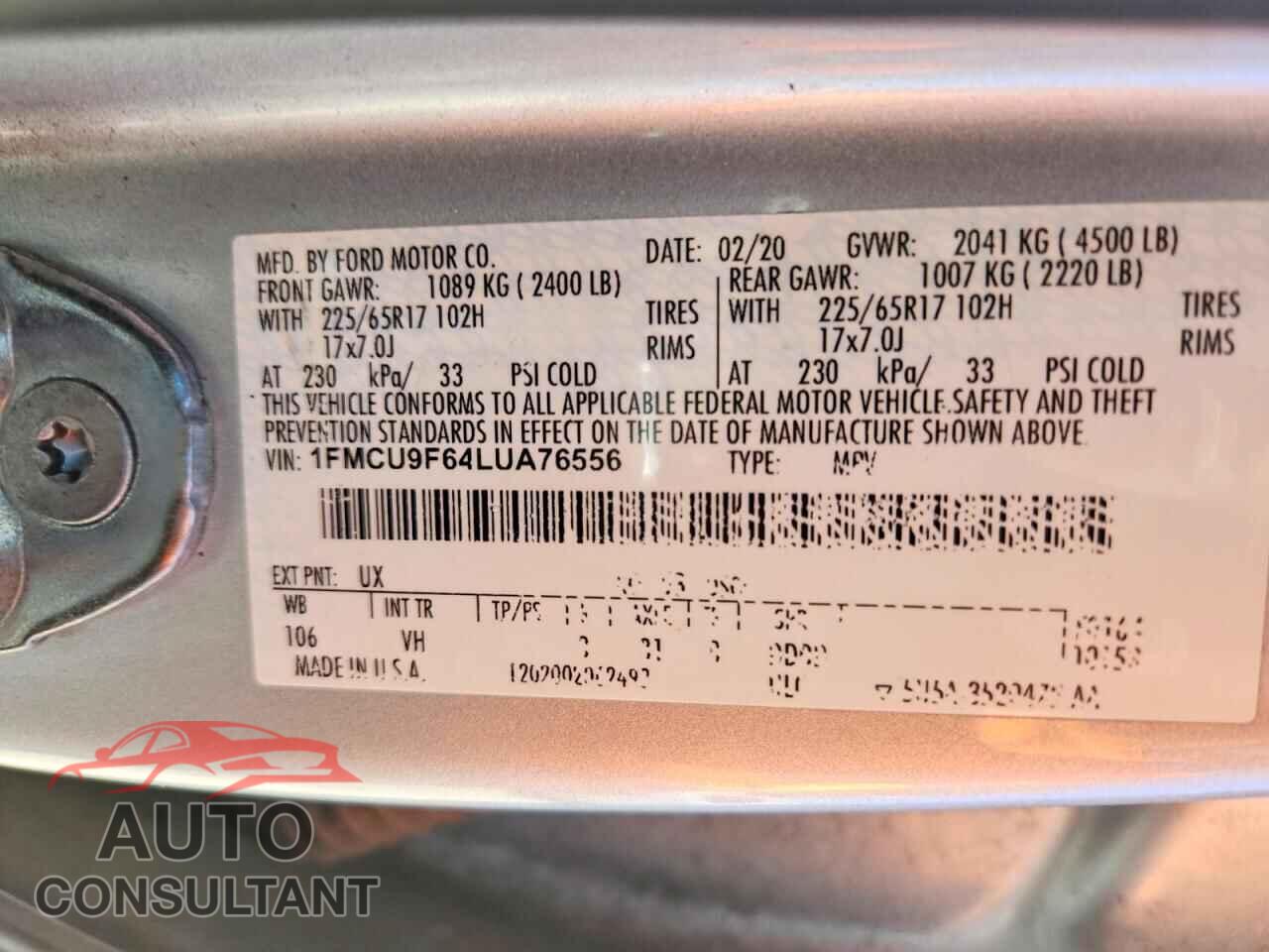 FORD ESCAPE 2020 - 1FMCU9F64LUA76556