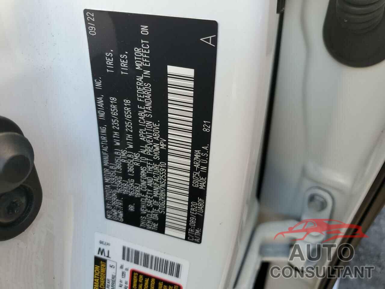 TOYOTA HIGHLANDER 2022 - 5TDGZRBH7NS255910